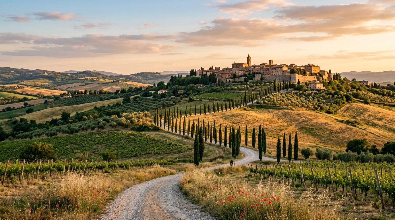 Tuscan countryside with cypress trees and hilltop village at sunset