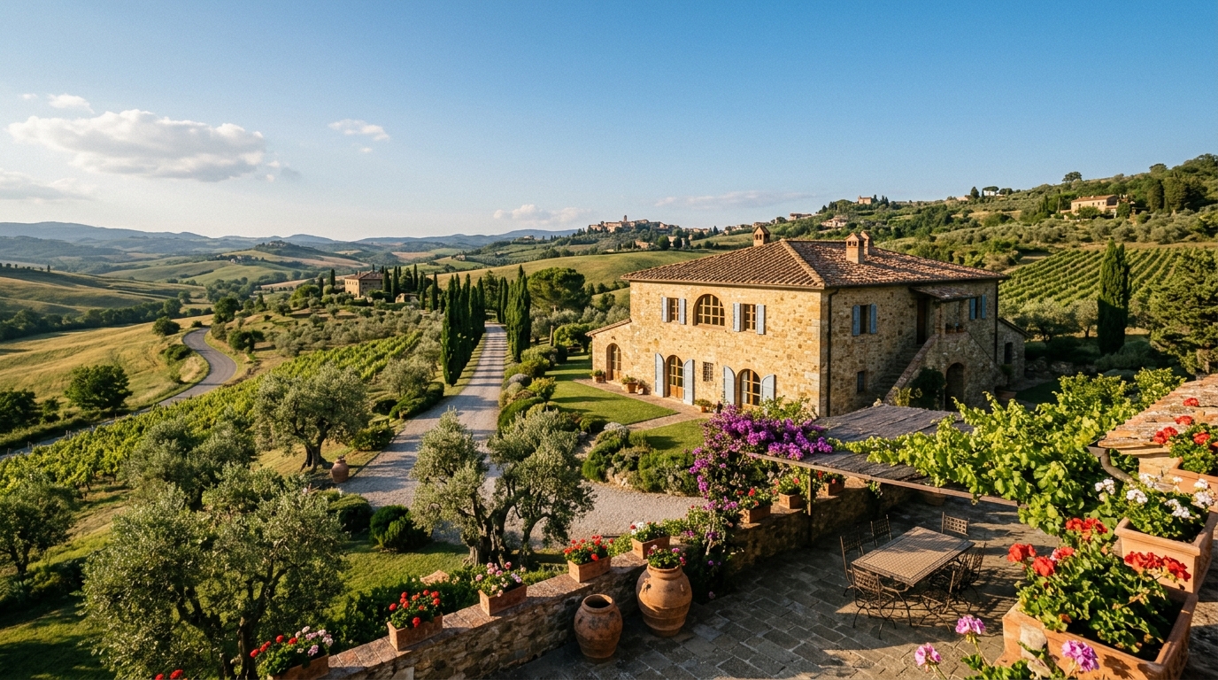 Tuscan villa with rolling hills